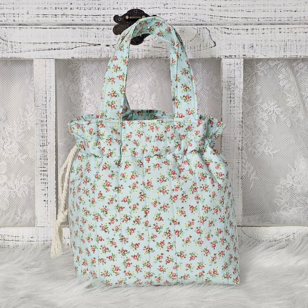 Jovie Mae XO Blush Garden Floral Drawstring Tote Bag Cottagecore Handmade